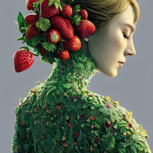 Image similar to the portrait of an absurdly beautiful, graceful, elegant, sophisticated woman made of strawberries and green petals, an ultrafine hyperdetailed illustration by kim jung gi, irakli nadar, romanticism, intricate linework, bright colors, octopath traveler, final fantasy, unreal engine 5 highly rendered, global illumination, radiant light, detailed and intricate environment