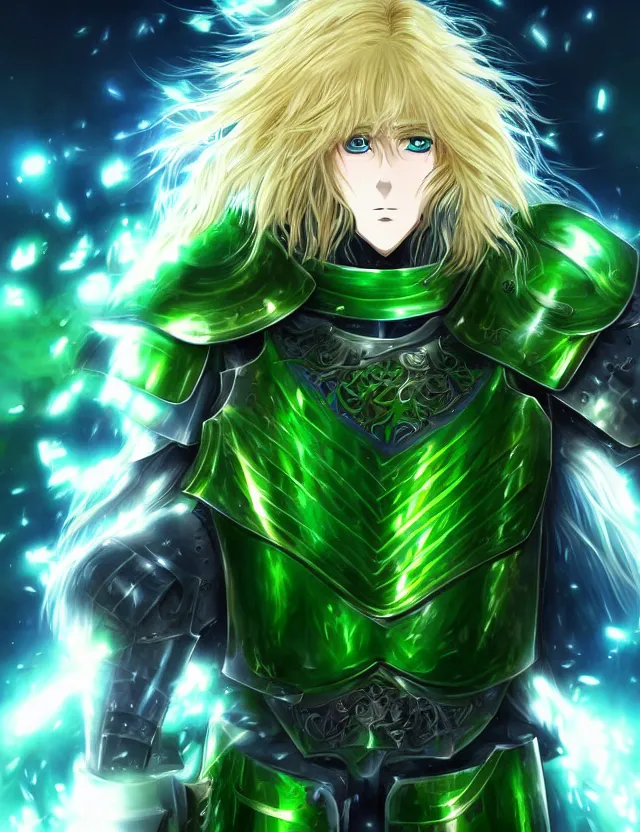 Image similar to an anime portrait of a long haired blonde man with blue eyes in green plate armour glowing with green energy, trending on artstation, digital art, 4 k resolution, detailed, high quality, sharp focus, hq artwork, coherent, insane detail