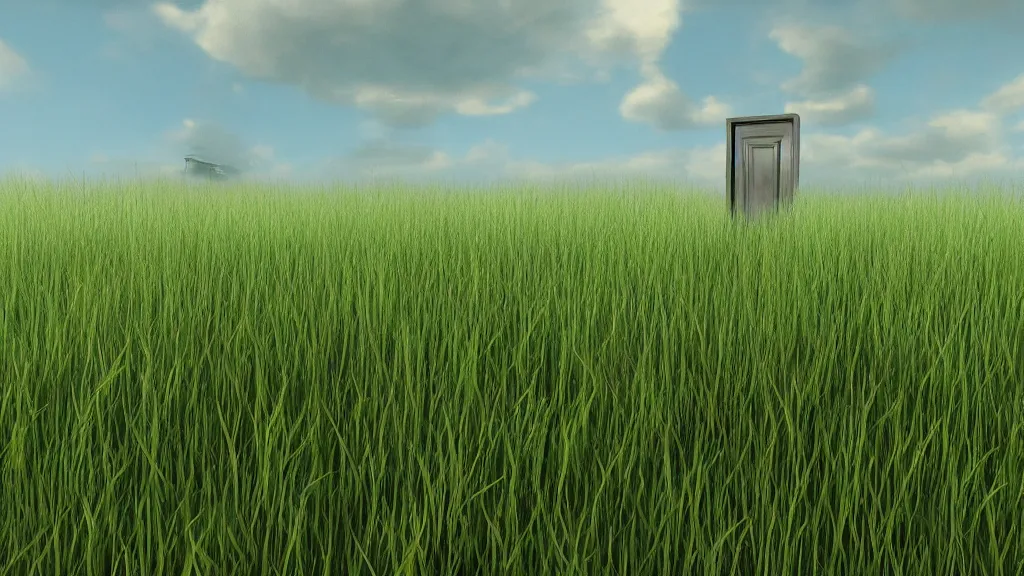 Prompt: A door in the middle of a grass field. Unreal Engine.