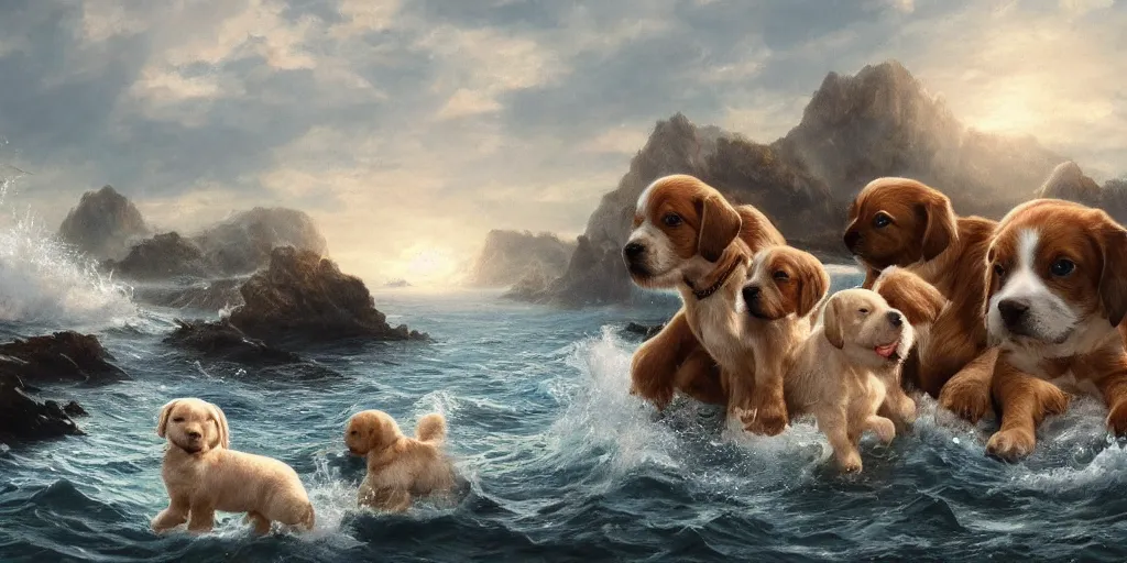 Prompt: a beautiful seascape with puppies, detailed, intricate, beautiful, masterpiece, trending on artstation