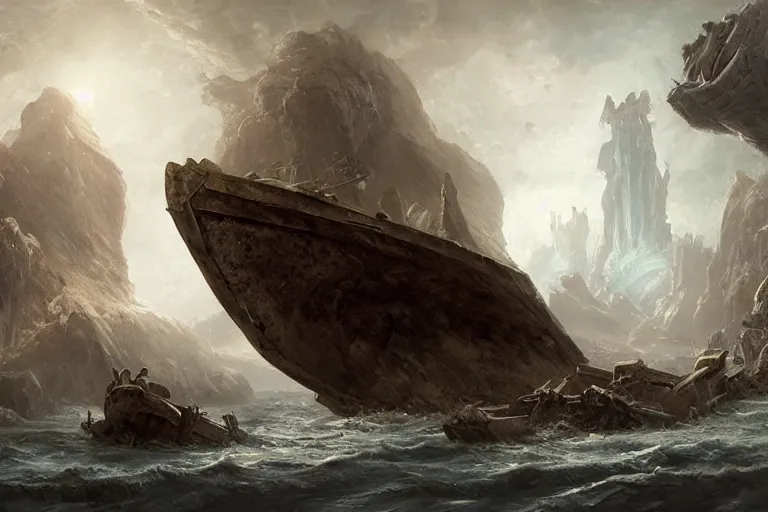 Image similar to A battered Trireme, Scylla and Charybdis and an ancient boat by Jessica Rossier and HR Giger cinematic concept painting