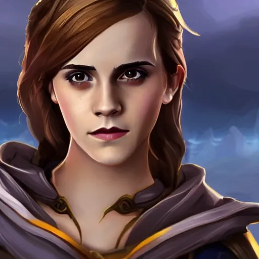 Image similar to emma watson as a character in the game league of legends, with a background based on the game league of legends, detailed face