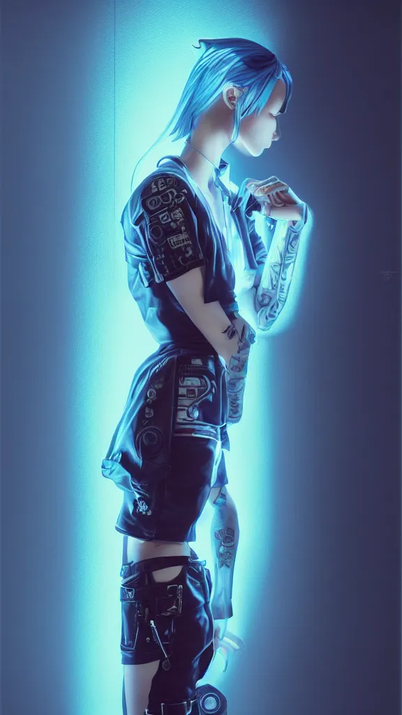 Image similar to full body shot of young woman punk dressed in cyberpunk clothing, soft blue light, by rineke dijkstra and artgerm, intricate details, highly detailed, sharp focus, masterpiece, 8 5 mm