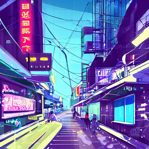 Image similar to abstract city street buildings fragments and neon signs floating, night, big moon trending on pixiv fanbox