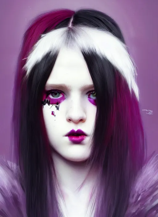 Image similar to portrait of white teenage girl, normal face, white bangs, mall goth, cyberlox, black and white hair, bangs, fluffy bangs, red contact lenses, purple lipstick, intricate, elegant, highly detailed, digital painting, artstation, concept art, sharp focus, smooth, illustration, art by wlop, mars ravelo and greg rutkowski