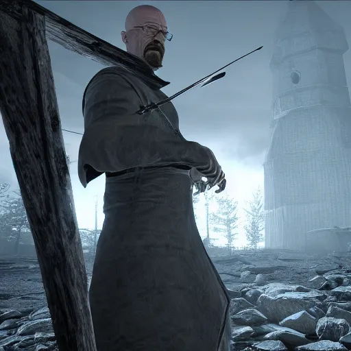 Image similar to Walter White in Dark Souls, Unreal Engine, 8k, dramatic lighting, professional render
