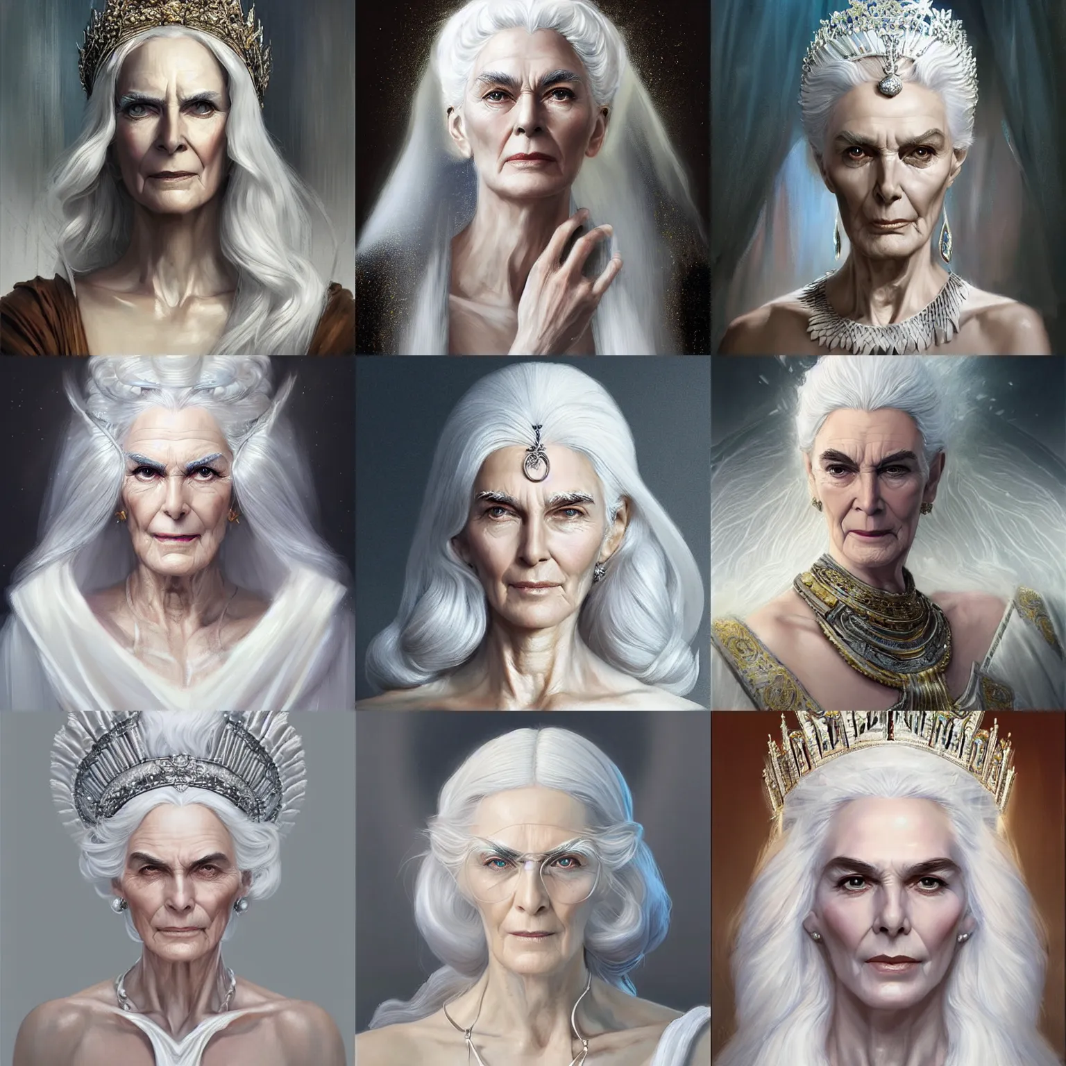 Prompt: elderly greek goddess, queen, white hair, white tunic, carmen dell ’ orefice, regal, art by artgerm and greg rutkowski and magali villeneuve, d & d, fantasy, portrait, highly detailed, digital painting, trending on artstation, concept art, sharp focus, illustration