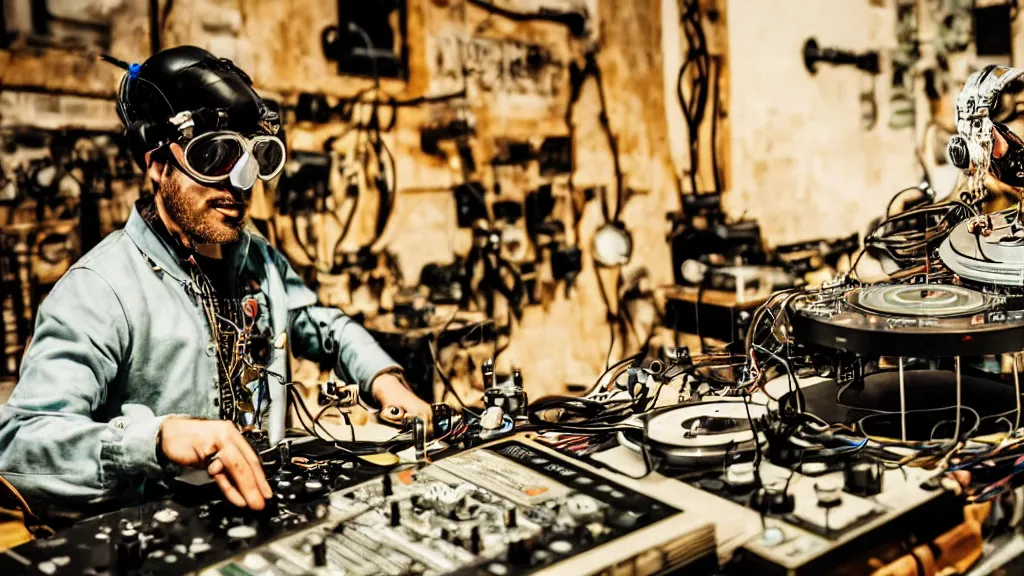 Prompt: a person wearing goggles and visor and headphones using a steampunk record player contraption, wires and tubes, turntablism dj scratching, intricate planetary gears, complex, cinematic, imax, sharp focus