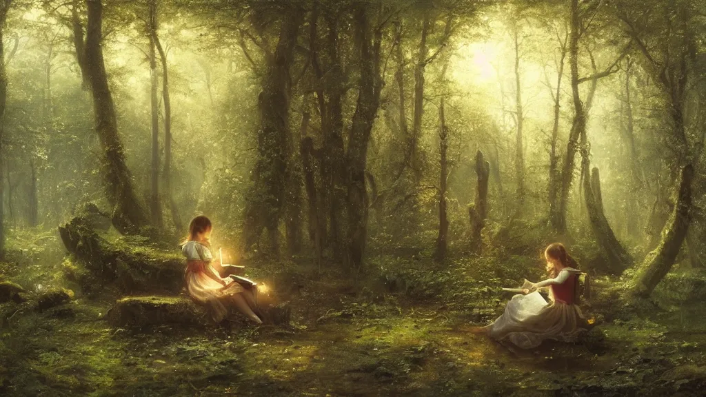 Image similar to girl reading on stump in the magical forest. andreas achenbach, artgerm, mikko lagerstedt, zack snyder, tokujin yoshioka, impressionist