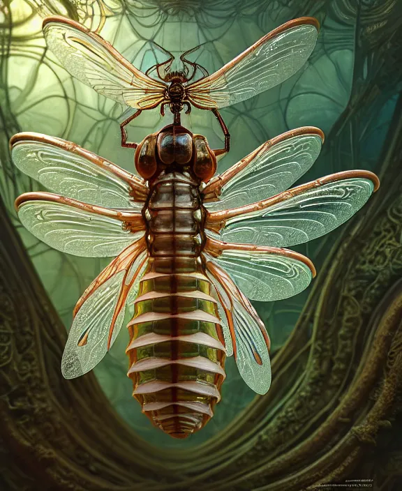 Prompt: intricate ornate opulent transparent clear see - through portrait of a horrific beautiful male human isopod nautilus dragonfly, adorable, childlike, overgrown biopunk jungle environment, ultra realistic, concept art, art nouveau, photorealistic, octane render, 8 k, unreal engine. art by christopher marley and artgerm and greg rutkowski and alphonse mucha