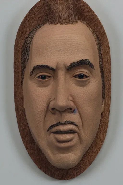 Image similar to Portrait of Nicholas Cage, colored Japanese wood carving