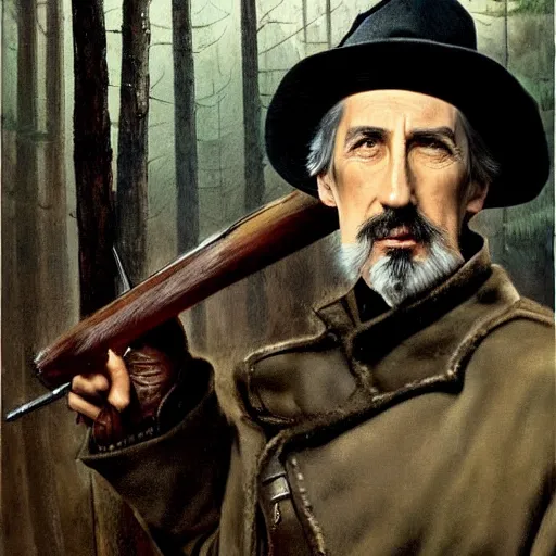 Prompt: a middle aged, martial, stark 19th century eastern european hunter with a large gray goatee and a hat looks similar to Jonathan Hyde and young Christopher Lee and young Christopher Lee. The background is a eastern european forrest. cinematic lighting, forrest green lights, twilight, highly detailed, realistic, antique painting by Paul Brason and Hollósy Simon