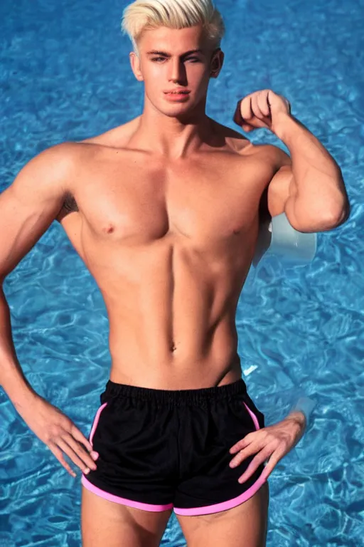 Image similar to a handsome male humanoid android with blonde hair, ken, muscular wearing a cut-off black crop top and short light pink shorts standing by a swimming pool, shiny glossy skin