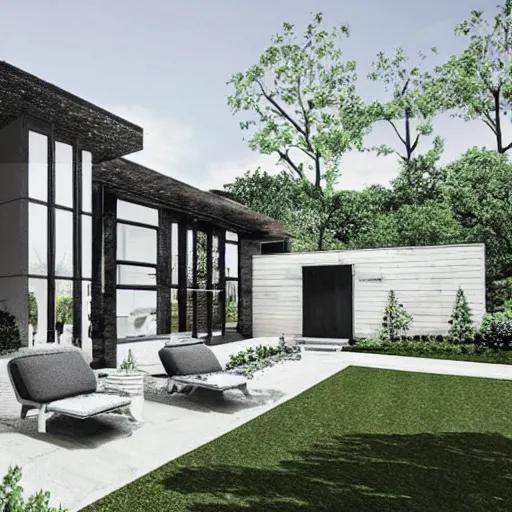 Image similar to an architectural drawing of a modern house with a courtyard, detailed, lush,