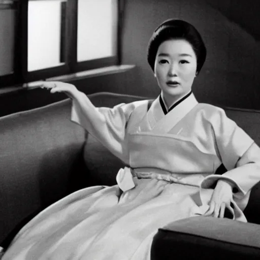 Prompt: The 1960s actress Choi Eun-Hee in a hanbok sitting on a couch, ultrawide 14mm shot, the room is dimly-lit and a starfish arm reaches through the window, minimal cinematography by Akira Kurosawa, movie filmstill, 1950s film noir, thriller by Kim Jong-il and Shin Sang-ok, monster horror movie