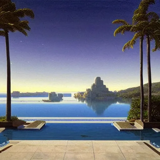 Image similar to David Ligare masterpiece, scifi nightscape, planets, hyperrealistic surrealism, award winning masterpiece with incredible details, epic stunning, infinity pool, a surreal vaporwave liminal space, highly detailed, trending on ArtStation, broken giant marble head statue ruins, calming, meditative, geometric liminal space, palm trees, very vaporwave