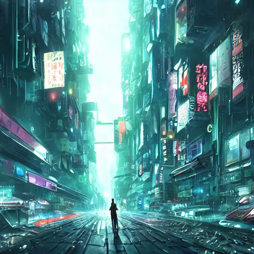 Image similar to mechanical android in overcrowded urban dystopia bustling city raining makoto shinkai