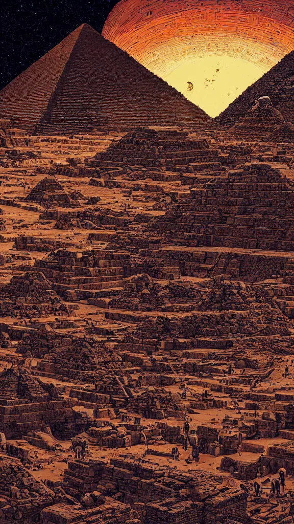 Image similar to highly detailed illustration of the pyramids of giza at night with glowing tips by moebius, nico delort, oliver vernon, kilian eng, joseph moncada, damon soule, manabu ikeda, kyle hotz, dan mumford, otomo, 4 k resolution