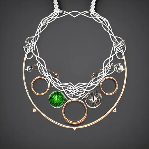 Prompt: intricate! organic, nordic wedding ring, necklace, gemstones, isolated on a dreamy floral background, refraction, occlusion, lower and upper levels, keyshot render, octane render, vray render