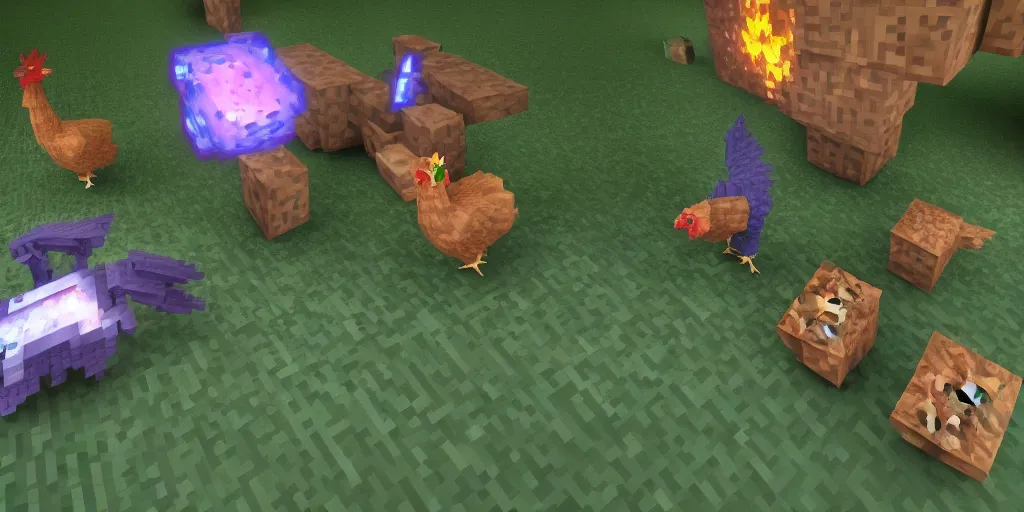 Image similar to a cycle blender render from the ender dragon vs the wither vs a chicken the chicken is defeating them both an winning, octane minecraft render 32k, film render,cinematic