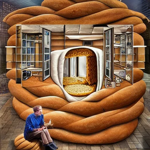 Image similar to man living inside a bread seen from outside, hyper detailed