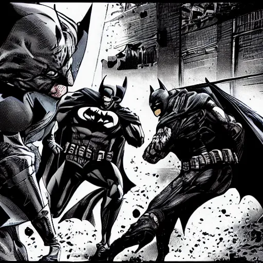 Image similar to Comic book page of Batman from Batman Arkham Knight fighting goons in a dark alley, dark atmosphere, ominous, menacing