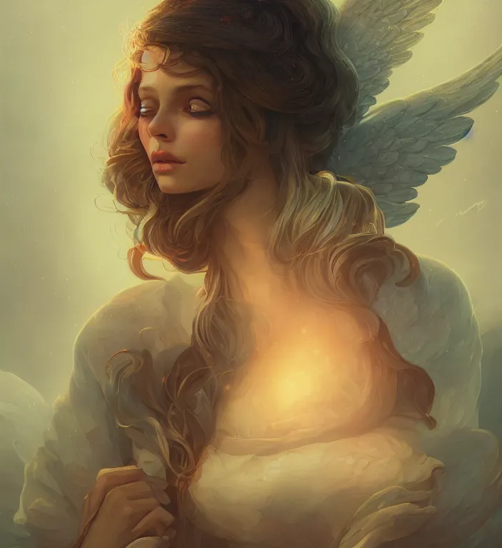 Image similar to centered waist up portrait photography an angel + bokeh + DOF + 8k, photorealistic + rendered in octane + illustration by Peter Mohrbacher, line work by Dan Mumford