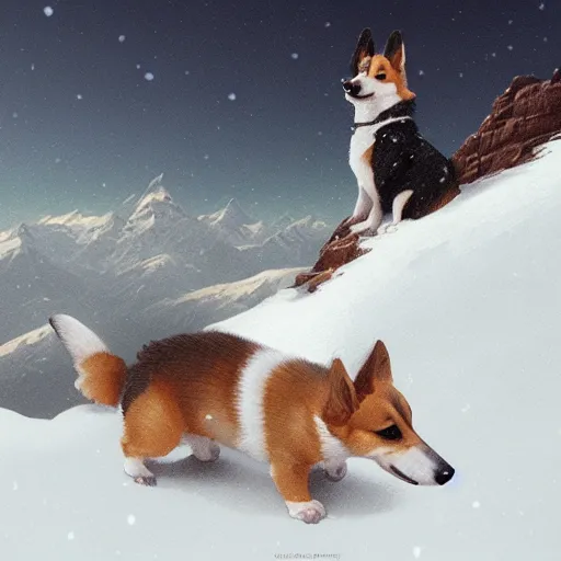 Prompt: the most adorable corgi puppy on a snowy mountaintop, hyperrealistic, lifelike, extremely detailed digital painting by greg rutkowski, simon stalenhag, artgerm, moebius, ruan jia, trending on artstation, masterpiece, award - winning, 8 k