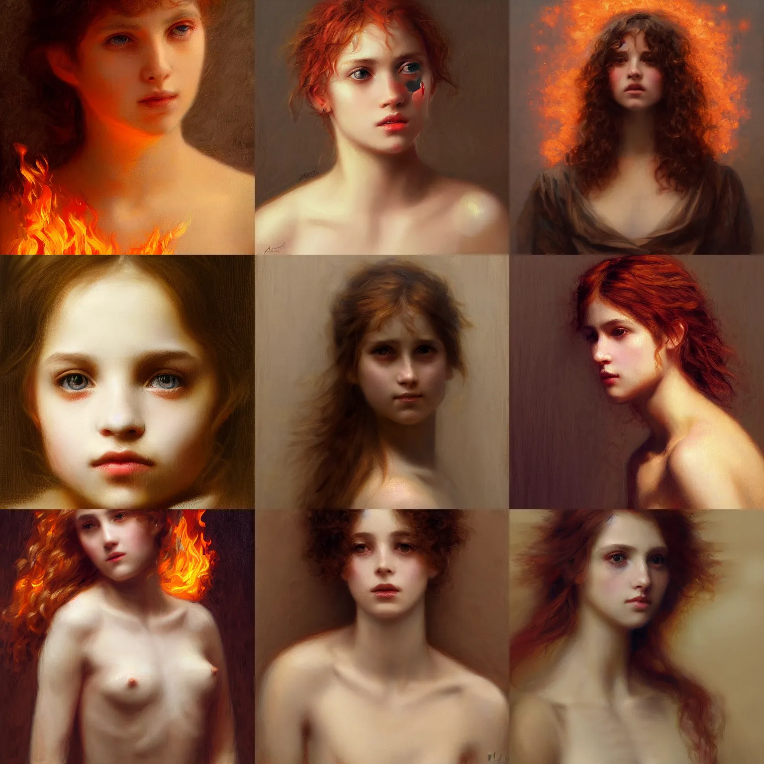 Prompt: a very beautiful portrait of a girl on fire by charles amable lenoir, highly detailed, intricate, sharp focus, award winning art, trending on artstation