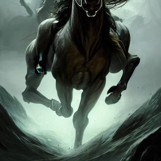 Image similar to concept art by artgerm, conquest of the four horsemen of the apocalypse, soft green natural light, intricate, hooded death riding a horse, highly detailed dark art, digital painting, artstation, concept art, smooth, sharp focus, illustration, art by greg rutkowski and luis rollo and uang guangjian and gil elvgren, symmetry!