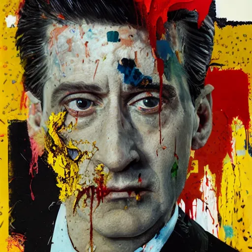 Prompt: hyperrealistic, photorealistic, mixed media oil painting of agent dale cooper, magazine scraps, plaster, blood, oil, mustard, splatter, greg rutkowski, basquiat, ralph steadman, wesley kimler, terry gilliam