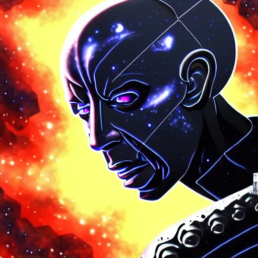 Image similar to an extraterrestrial vin diesel wearing futuristic armor pyramids and galaxies background by ken sugimori and junji ito in the style of dark fantasy, award - winning art, artstationhd