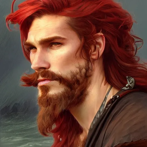 Image similar to portrait of a young ruggedly handsome but charming pirate, male, masculine, upper body, red hair, long hair, d & d, fantasy, full lips, intricate, elegant, highly detailed, digital painting, artstation, concept art, matte, sharp focus, illustration, art by artgerm and greg rutkowski and alphonse mucha