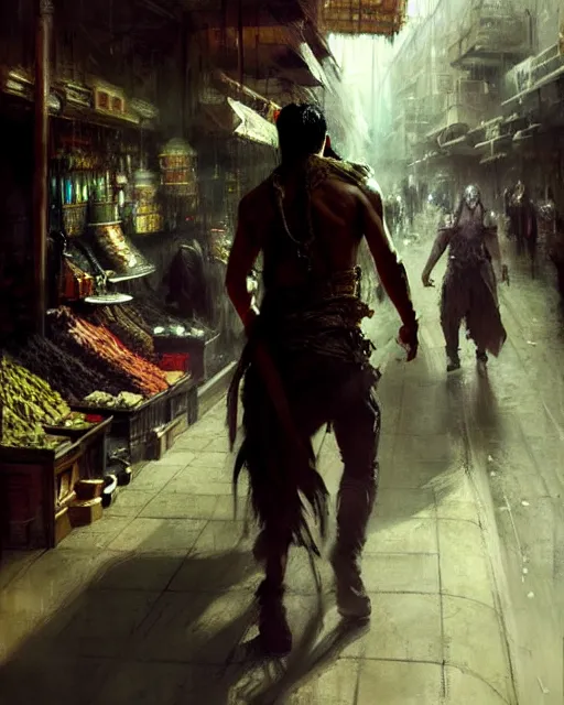 Image similar to fantasy concept art by jeremy mann depicting colin farrell as an ancient egyptian rogue walking through a busy oriental market