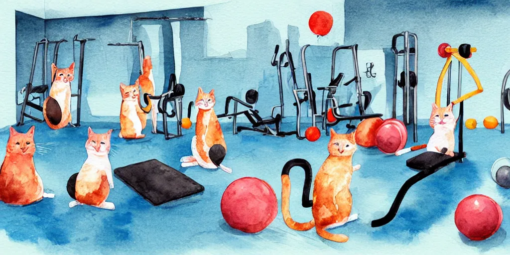 Image similar to watercolor illustration style, cute! cats training in fitness studio, sport equipment lay near