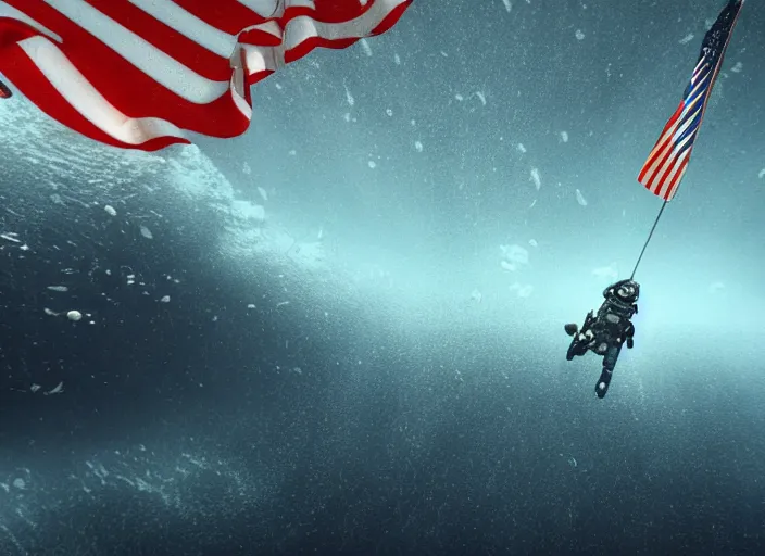 Image similar to astronaut underwater putting a flag on the bottom of the ocean. in the background, a submarine is visible. dark, cinematic, dramatic, digital art, blender, photorealistic, octane render, 8 k, volumetric lighting, trending on artstation