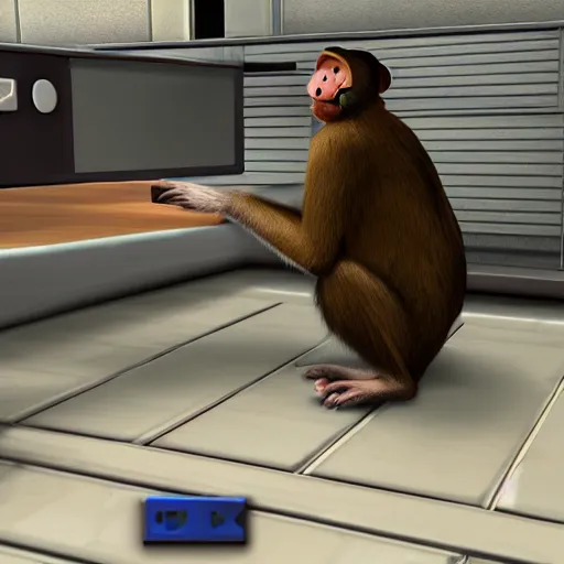 Prompt: macaque paying taxes at the post office, unreal engine 2 graphics