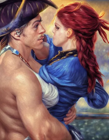 Prompt: couple. fully clothed armed female pirate captain with a male pirate partner, sun, summer, blue eyes, beauty, wisdom, love, strength, knowledge, smart, portrait, symmetrical, highly detailed, digital painting, artstation, smooth, sharp focus, illustration, strength, art by artgerm, renoir and louis theophile hingre. 8 k