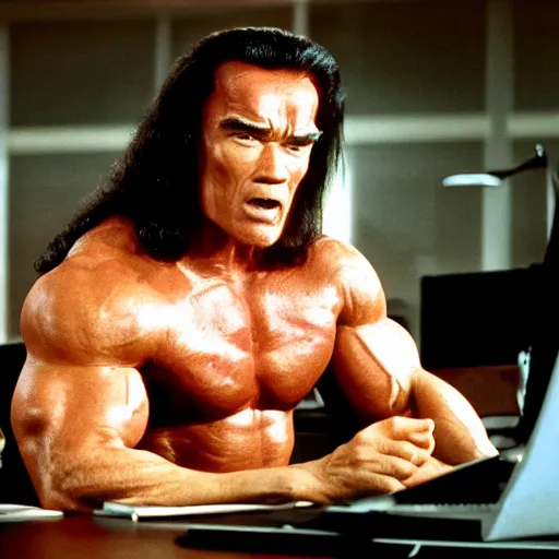 Prompt: arnold schwarzenegger as conan the barbarian sitting at a desk, as an office worker, in an office, inside an office building, sitting at a desk, angrily shouting and pointing at a laptop, laptop computer, crisp lighting, corporate photography