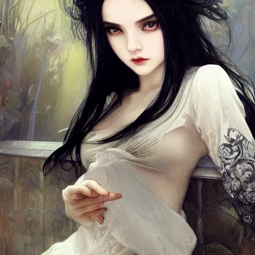 Image similar to of english teenage girl with black hair, china blue eyes, pale glowing skin, beautiful sinister features, no makeup, elegant fashion model, fantasy, intricate, elegant, dress shirt and tie, highly detailed, digital painting, artstation, concept art, smooth, sharp focus, illustration, art by Krenz Cushart and Artem Demura and alphonse mucha