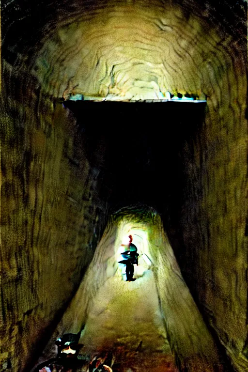 Image similar to Andrew Wyeth artwork, A man with a wooden box under his arm stands inside a dark tunnel, looking up with an expression of horror