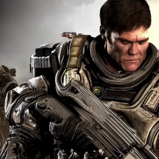 Prompt: Jim Carrey in Gears of War, high quality
