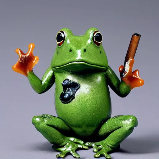 Prompt: badly taxidermied frog smoking