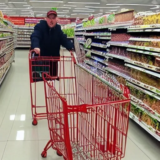 Image similar to a supermarket where every shopping cart includes a tiny, angry clone of donald trump that sits in the basket and screams for the duration of your shopping trip