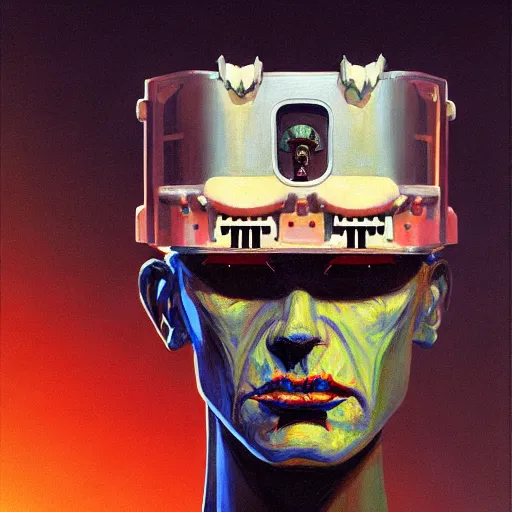 Prompt: Portrait of a King robot with digital crown, very coherent, painted by Edward Hopper, Wayne Barlowe, painted by James Gilleard, airbrush, art by JamesJean