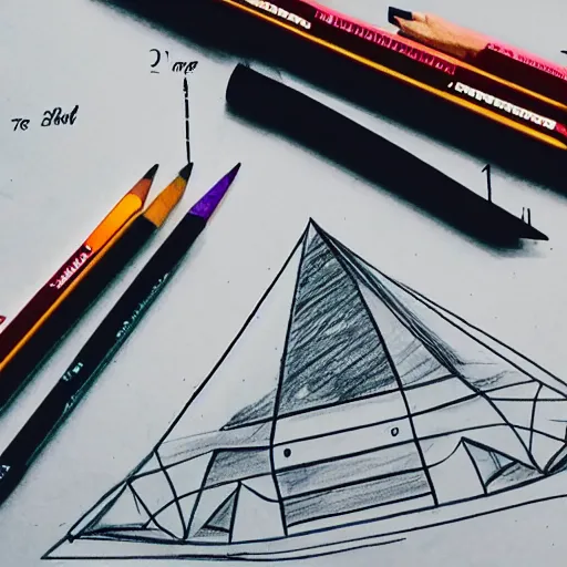 Image similar to schematic drawing of futuristic building with pencils and triangle ruler lying next to the drawing