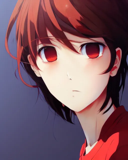 Prompt: beautiful anime woman, wearing full clothing red shirt brown pants, black and red hair hair, galaxy eyes, clockpunk, symmetrical face, symmetrical eyes, full round face, short smile, detailed, summer setting, cinematic lighting, medium shot, mid - shot, makoto shinkai, artgerm, ilya kuvshinov, loish