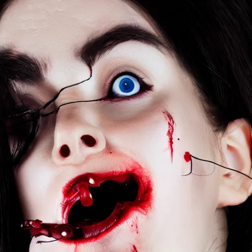 Image similar to portrait photo of a female cyborg vampire blood coming from the mouth and eyes