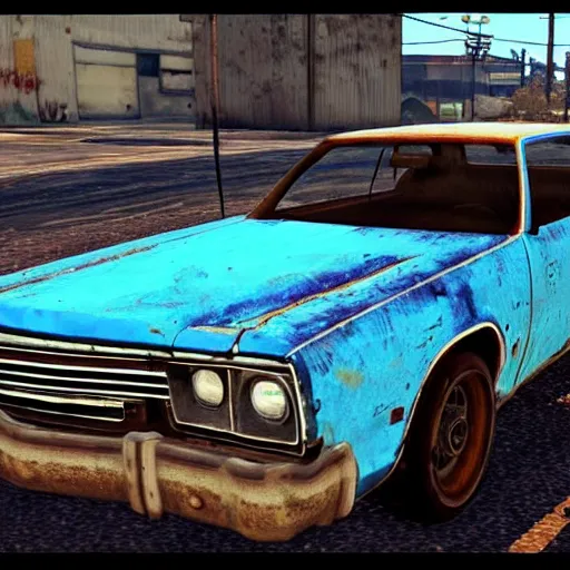 Image similar to A screenshot of a rusty, worn out, broken down, decrepit, run down, dingy, faded, chipped paint, tattered, beater 1976 Denim Blue Dodge Aspen in GTA V