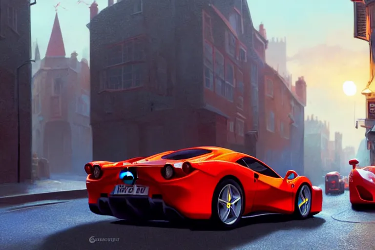 Image similar to a wholesome animation key shot of one focused ferrari, dynamic, on an ancient london street, wide shot, studio ghibli, pixar and disney animation, sharp, very detailed, high resolution, rendered in unreal engine 5, anime key art by greg rutkowski, overcast lighting, dark